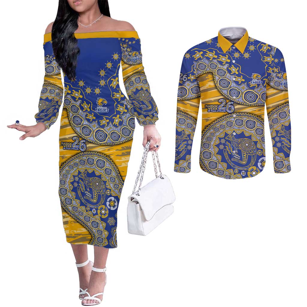 West Coast Eagles NAIDOC Week 2026 Couples Matching Off The Shoulder Long Sleeve Dress and Long Sleeve Button Shirt Australian Aboriginal Dot Art Dreamtime Pattern Style