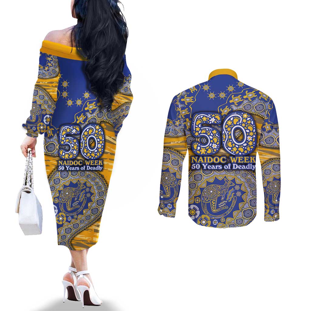 West Coast Eagles NAIDOC Week 2026 Couples Matching Off The Shoulder Long Sleeve Dress and Long Sleeve Button Shirt Australian Aboriginal Dot Art Dreamtime Pattern Style