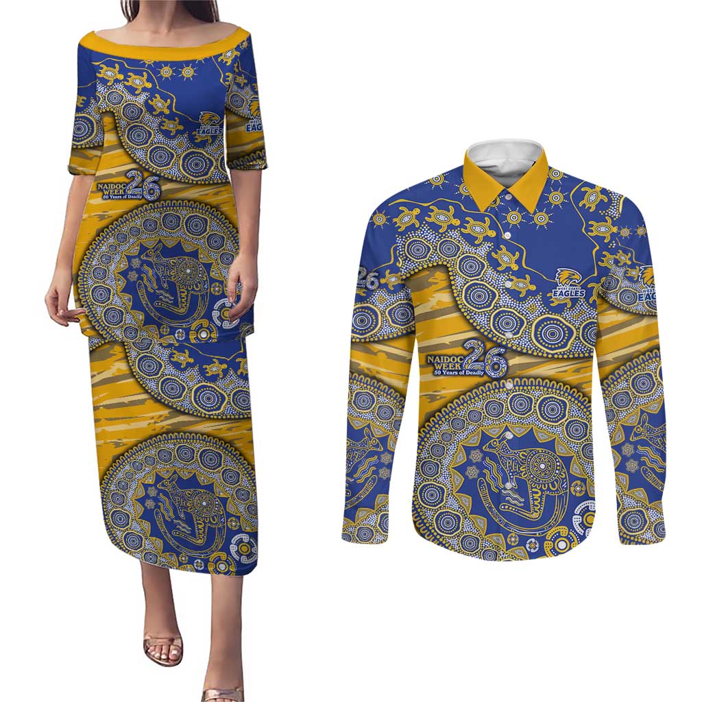 West Coast Eagles NAIDOC Week 2026 Couples Matching Puletasi and Long Sleeve Button Shirt Australian Aboriginal Dot Art Dreamtime Pattern Style