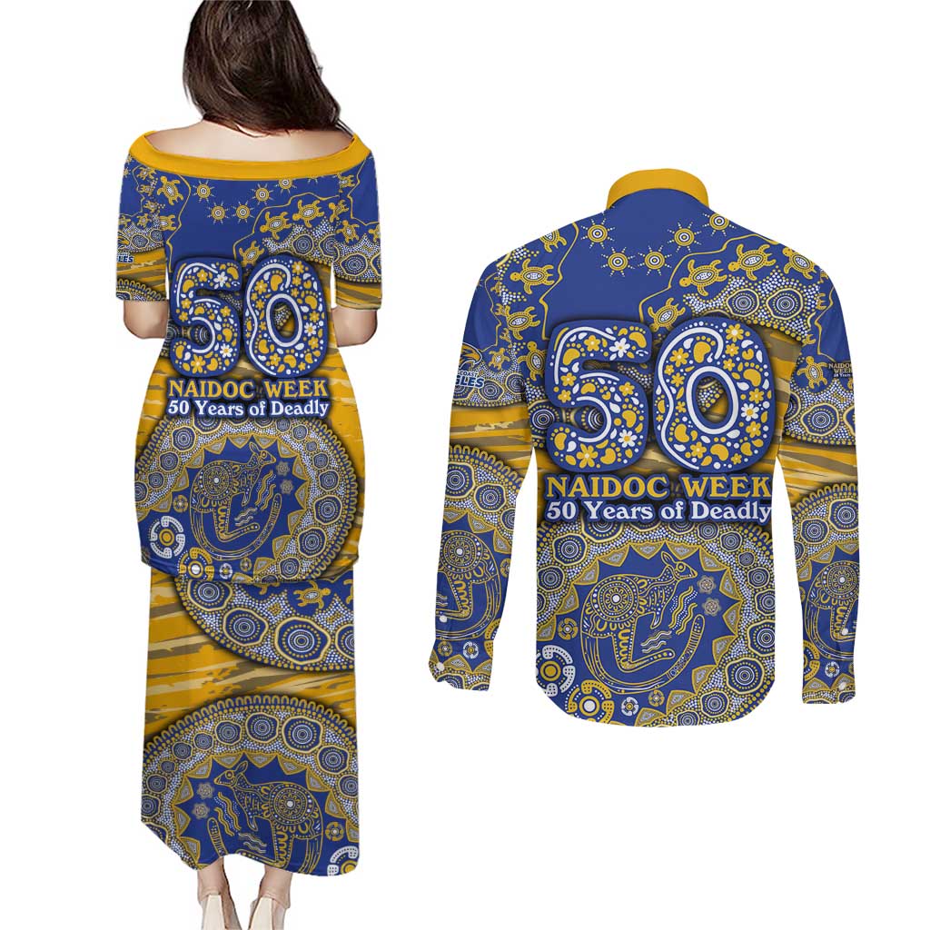 West Coast Eagles NAIDOC Week 2026 Couples Matching Puletasi and Long Sleeve Button Shirt Australian Aboriginal Dot Art Dreamtime Pattern Style
