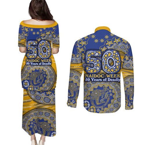 West Coast Eagles NAIDOC Week 2026 Couples Matching Puletasi and Long Sleeve Button Shirt Australian Aboriginal Dot Art Dreamtime Pattern Style