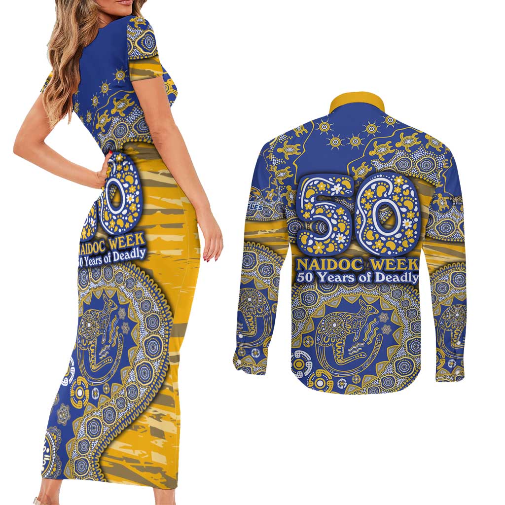 West Coast Eagles NAIDOC Week 2026 Couples Matching Short Sleeve Bodycon Dress and Long Sleeve Button Shirt Australian Aboriginal Dot Art Dreamtime Pattern Style