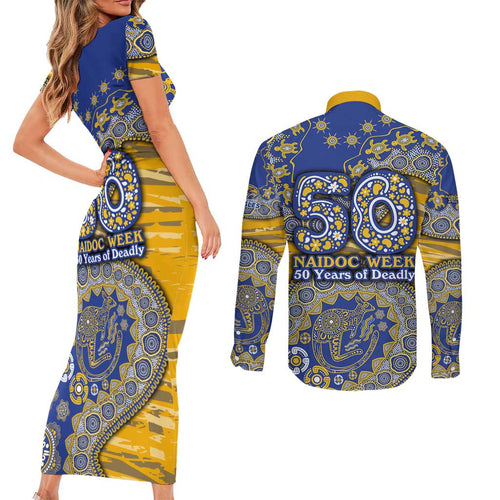 West Coast Eagles NAIDOC Week 2026 Couples Matching Short Sleeve Bodycon Dress and Long Sleeve Button Shirt Australian Aboriginal Dot Art Dreamtime Pattern Style