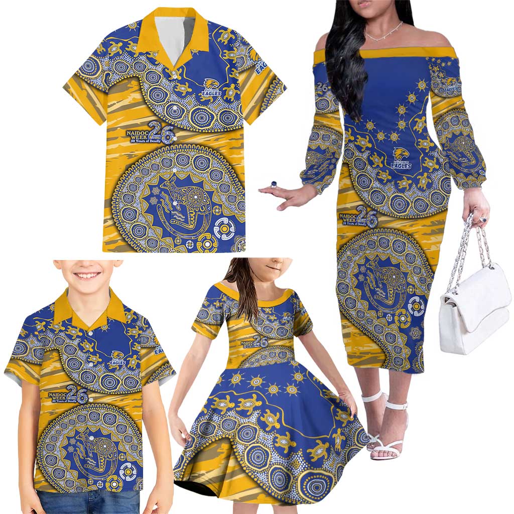 West Coast Eagles NAIDOC Week 2026 Family Matching Off The Shoulder Long Sleeve Dress and Hawaiian Shirt Australian Aboriginal Dot Art Dreamtime Pattern Style