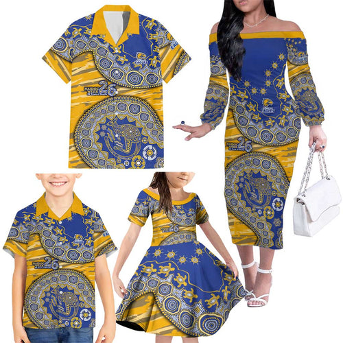 West Coast Eagles NAIDOC Week 2026 Family Matching Off The Shoulder Long Sleeve Dress and Hawaiian Shirt Australian Aboriginal Dot Art Dreamtime Pattern Style