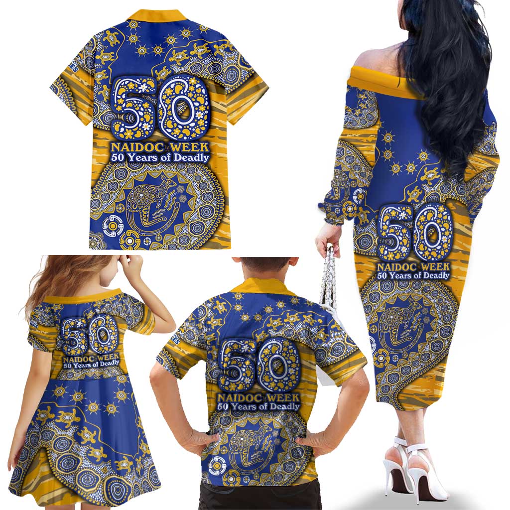 West Coast Eagles NAIDOC Week 2026 Family Matching Off The Shoulder Long Sleeve Dress and Hawaiian Shirt Australian Aboriginal Dot Art Dreamtime Pattern Style
