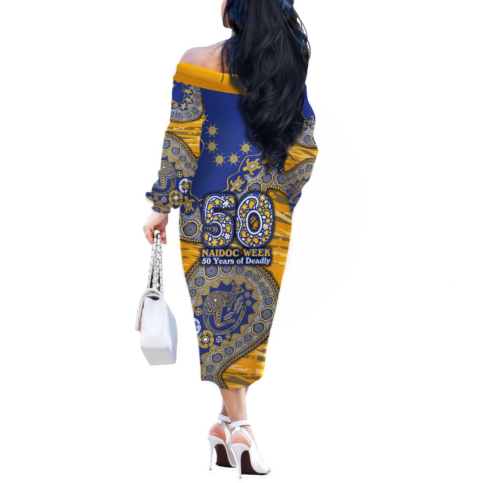West Coast Eagles NAIDOC Week 2026 Off The Shoulder Long Sleeve Dress Australian Aboriginal Dot Art Dreamtime Pattern Style
