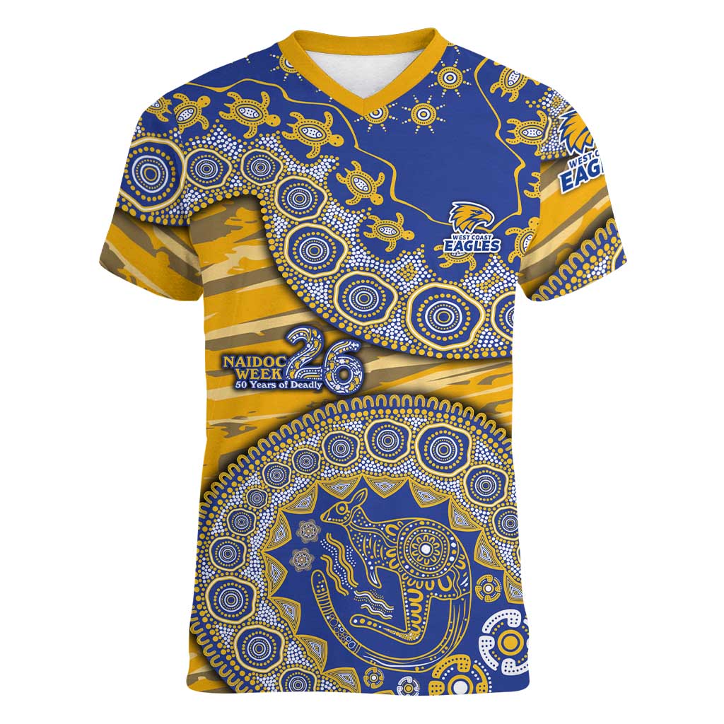West Coast Eagles NAIDOC Week 2026 Women V-Neck T-Shirt Australian Aboriginal Dot Art Dreamtime Pattern Style