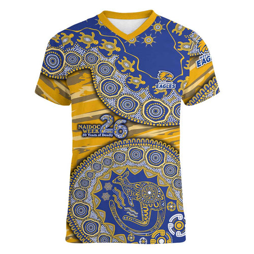 West Coast Eagles NAIDOC Week 2026 Women V-Neck T-Shirt Australian Aboriginal Dot Art Dreamtime Pattern Style