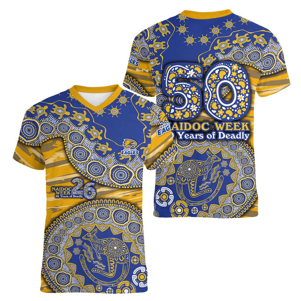 West Coast Eagles NAIDOC Week 2026 Women V-Neck T-Shirt Australian Aboriginal Dot Art Dreamtime Pattern Style