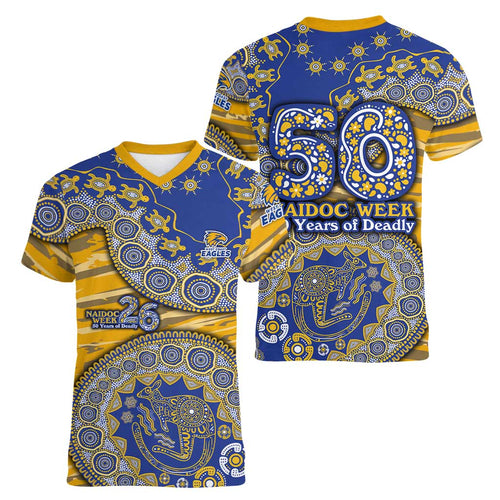 West Coast Eagles NAIDOC Week 2026 Women V-Neck T-Shirt Australian Aboriginal Dot Art Dreamtime Pattern Style