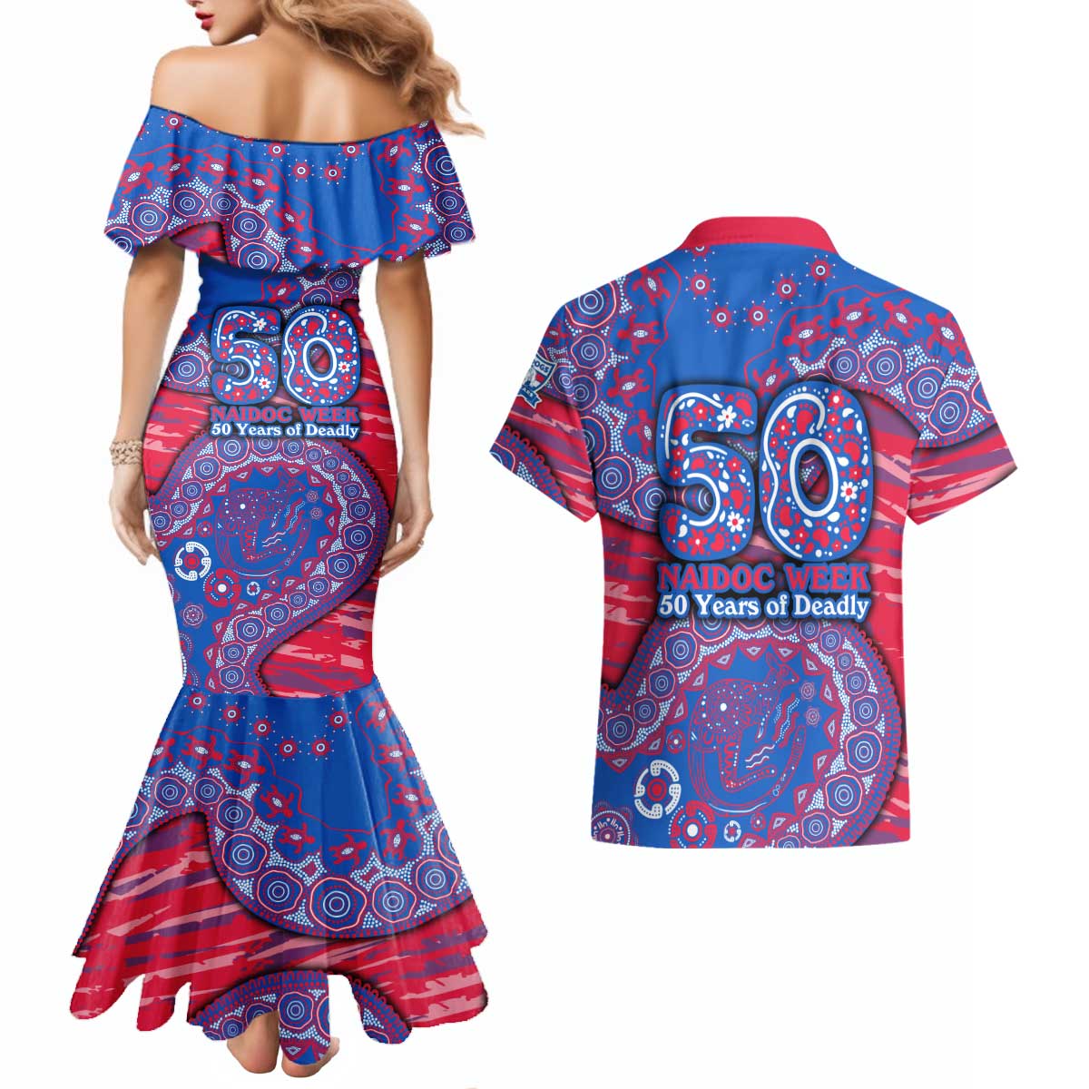 Western Bulldogs NAIDOC Week 2026 Couples Matching Mermaid Dress and Hawaiian Shirt Australian Aboriginal Dot Art Dreamtime Pattern Style