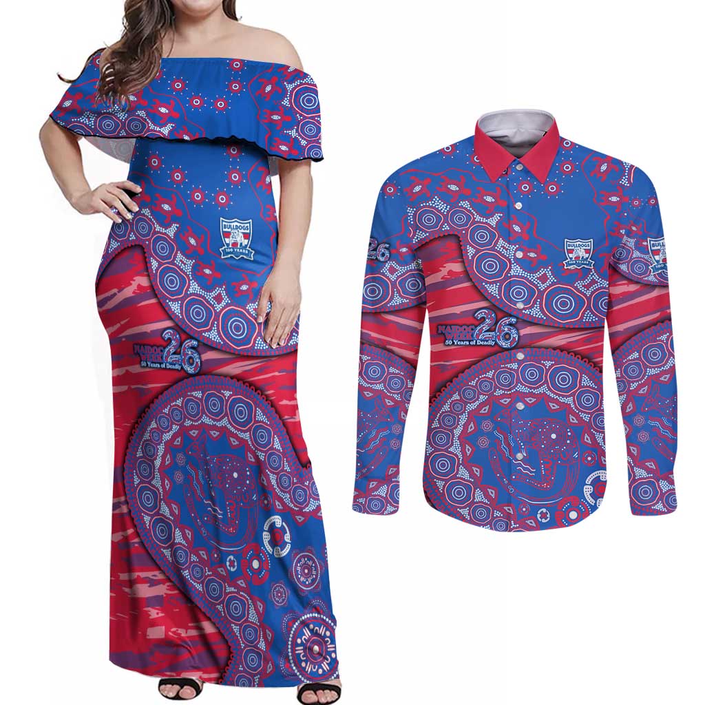 Western Bulldogs NAIDOC Week 2026 Couples Matching Off Shoulder Maxi Dress and Long Sleeve Button Shirt Australian Aboriginal Dot Art Dreamtime Pattern Style