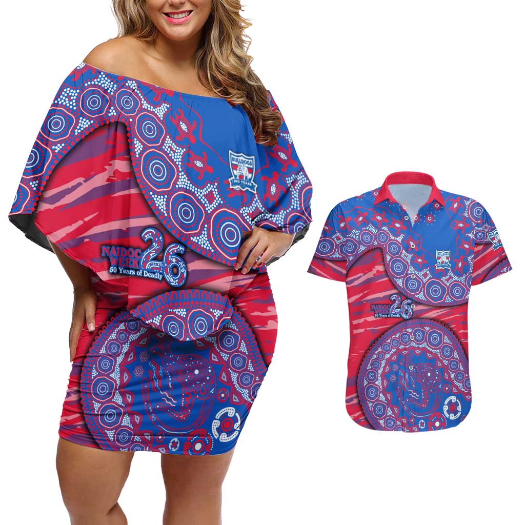 Western Bulldogs NAIDOC Week 2026 Couples Matching Off Shoulder Short Dress and Hawaiian Shirt Australian Aboriginal Dot Art Dreamtime Pattern Style