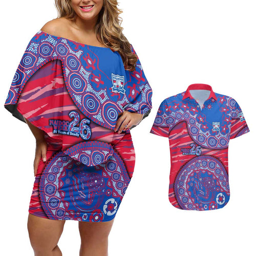 Western Bulldogs NAIDOC Week 2026 Couples Matching Off Shoulder Short Dress and Hawaiian Shirt Australian Aboriginal Dot Art Dreamtime Pattern Style