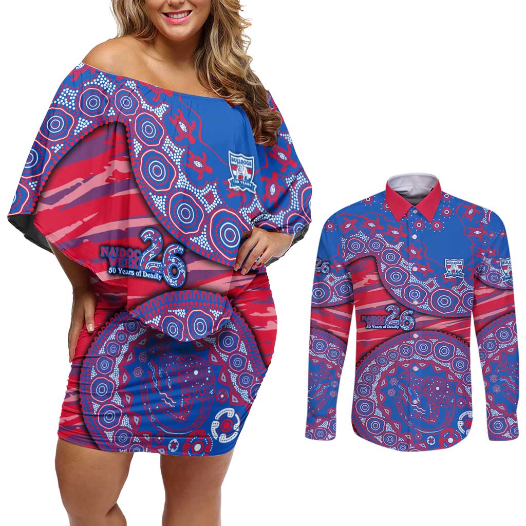 Western Bulldogs NAIDOC Week 2026 Couples Matching Off Shoulder Short Dress and Long Sleeve Button Shirt Australian Aboriginal Dot Art Dreamtime Pattern Style