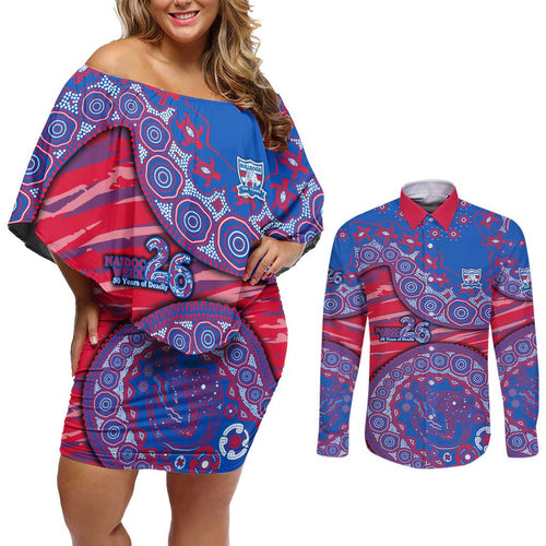 Western Bulldogs NAIDOC Week 2026 Couples Matching Off Shoulder Short Dress and Long Sleeve Button Shirt Australian Aboriginal Dot Art Dreamtime Pattern Style