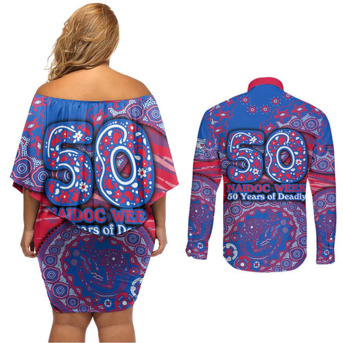 Western Bulldogs NAIDOC Week 2026 Couples Matching Off Shoulder Short Dress and Long Sleeve Button Shirt Australian Aboriginal Dot Art Dreamtime Pattern Style