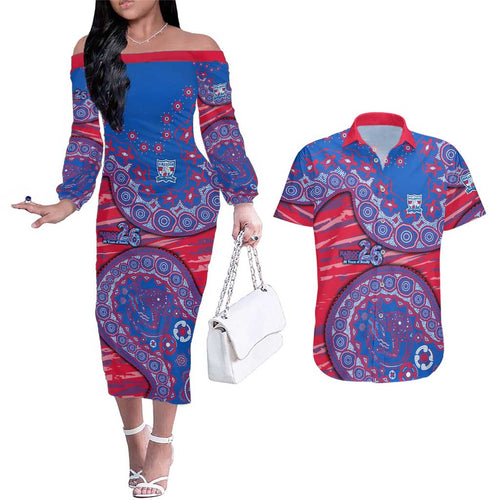 Western Bulldogs NAIDOC Week 2026 Couples Matching Off The Shoulder Long Sleeve Dress and Hawaiian Shirt Australian Aboriginal Dot Art Dreamtime Pattern Style