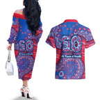 Western Bulldogs NAIDOC Week 2026 Couples Matching Off The Shoulder Long Sleeve Dress and Hawaiian Shirt Australian Aboriginal Dot Art Dreamtime Pattern Style