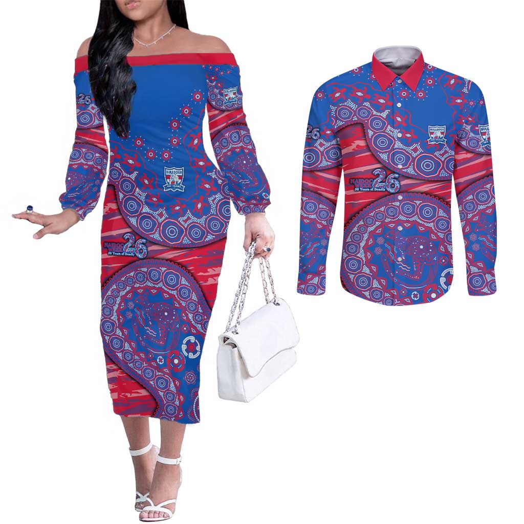 Western Bulldogs NAIDOC Week 2026 Couples Matching Off The Shoulder Long Sleeve Dress and Long Sleeve Button Shirt Australian Aboriginal Dot Art Dreamtime Pattern Style