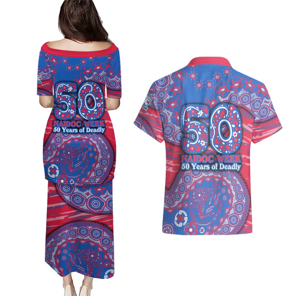Western Bulldogs NAIDOC Week 2026 Couples Matching Puletasi and Hawaiian Shirt Australian Aboriginal Dot Art Dreamtime Pattern Style