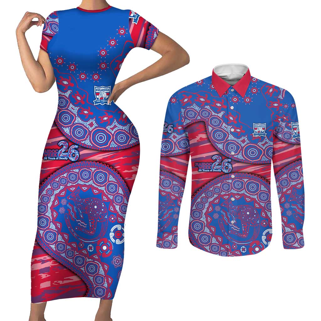 Western Bulldogs NAIDOC Week 2026 Couples Matching Short Sleeve Bodycon Dress and Long Sleeve Button Shirt Australian Aboriginal Dot Art Dreamtime Pattern Style