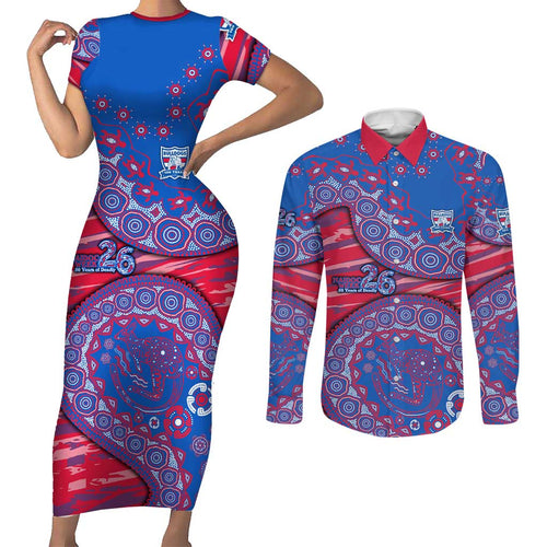 Western Bulldogs NAIDOC Week 2026 Couples Matching Short Sleeve Bodycon Dress and Long Sleeve Button Shirt Australian Aboriginal Dot Art Dreamtime Pattern Style