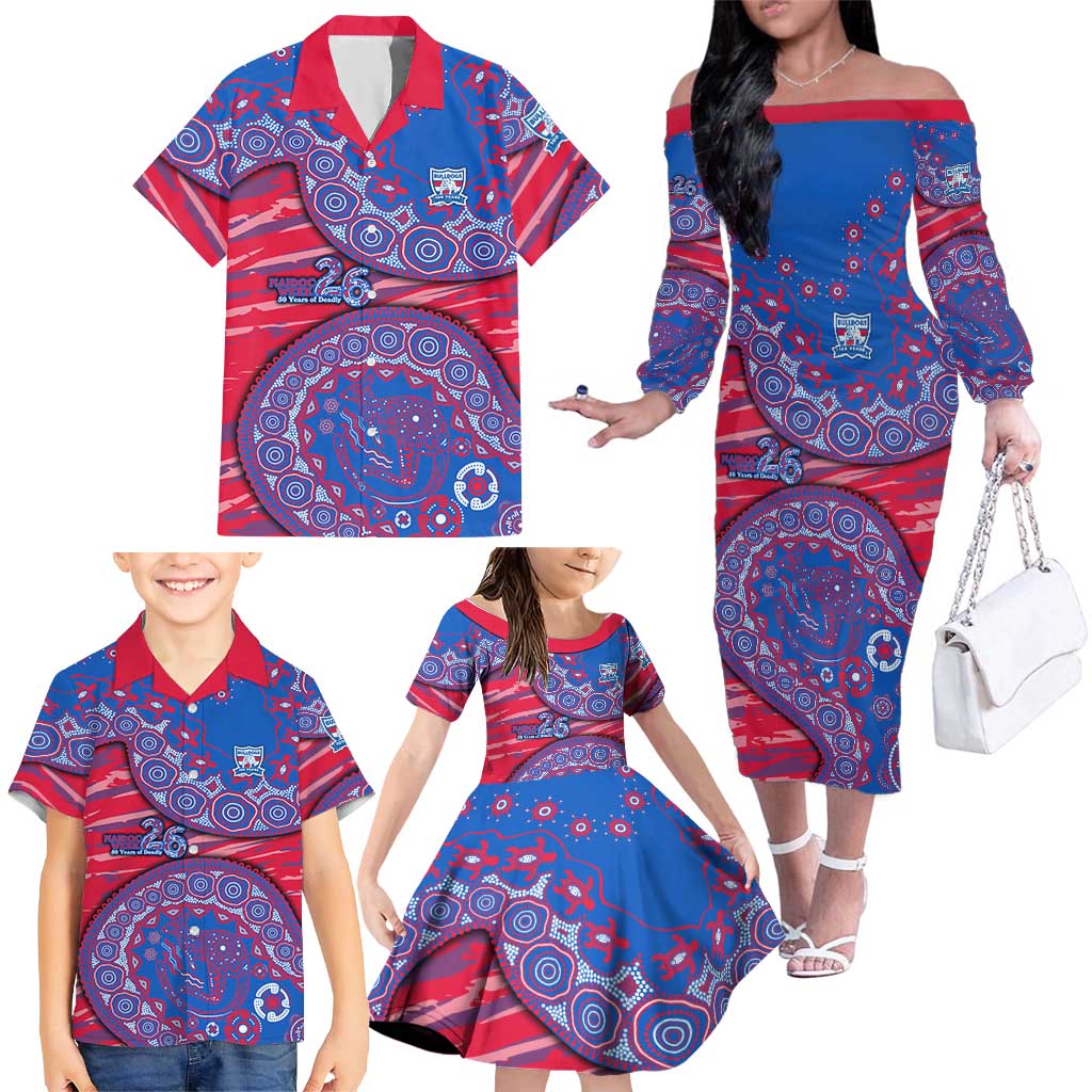 Western Bulldogs NAIDOC Week 2026 Family Matching Off The Shoulder Long Sleeve Dress and Hawaiian Shirt Australian Aboriginal Dot Art Dreamtime Pattern Style