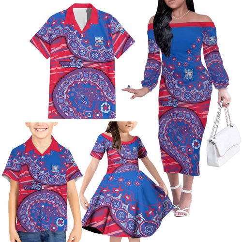 Western Bulldogs NAIDOC Week 2026 Family Matching Off The Shoulder Long Sleeve Dress and Hawaiian Shirt Australian Aboriginal Dot Art Dreamtime Pattern Style