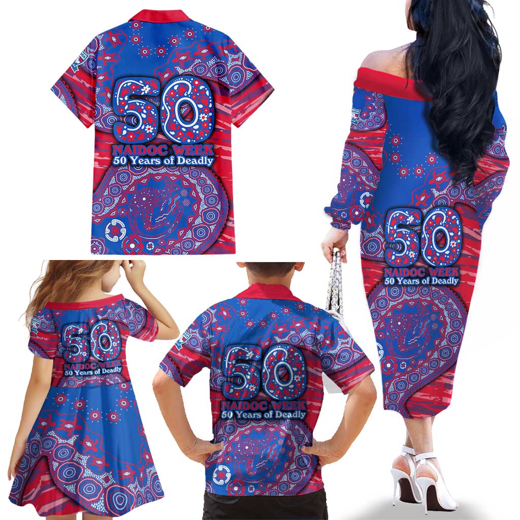 Western Bulldogs NAIDOC Week 2026 Family Matching Off The Shoulder Long Sleeve Dress and Hawaiian Shirt Australian Aboriginal Dot Art Dreamtime Pattern Style