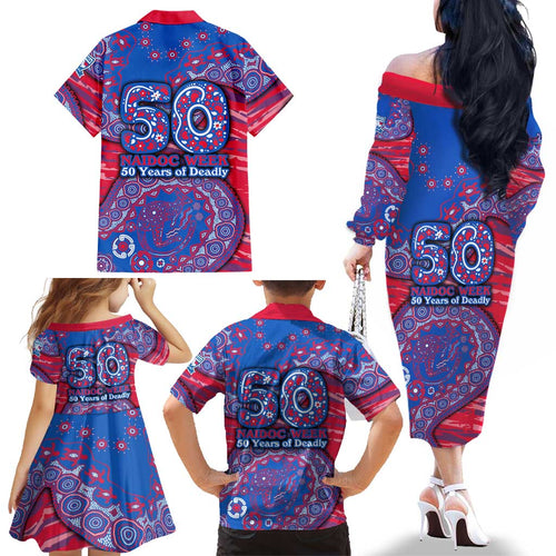 Western Bulldogs NAIDOC Week 2026 Family Matching Off The Shoulder Long Sleeve Dress and Hawaiian Shirt Australian Aboriginal Dot Art Dreamtime Pattern Style