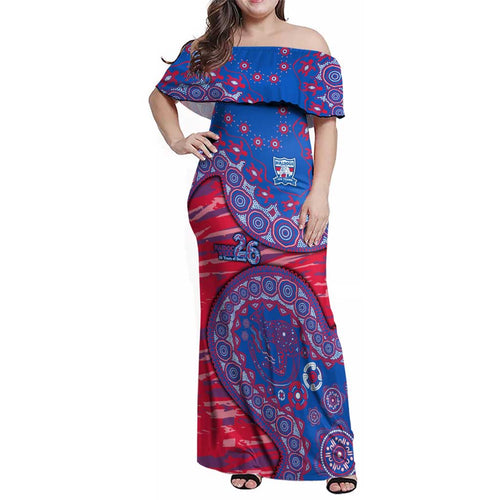 Western Bulldogs NAIDOC Week 2026 Family Matching Off Shoulder Maxi Dress and Hawaiian Shirt Australian Aboriginal Dot Art Dreamtime Pattern Style