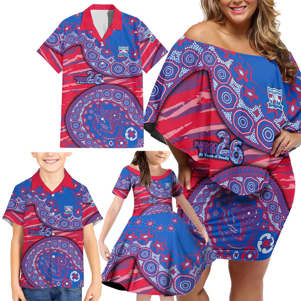 Western Bulldogs NAIDOC Week 2026 Family Matching Off Shoulder Short Dress and Hawaiian Shirt Australian Aboriginal Dot Art Dreamtime Pattern Style