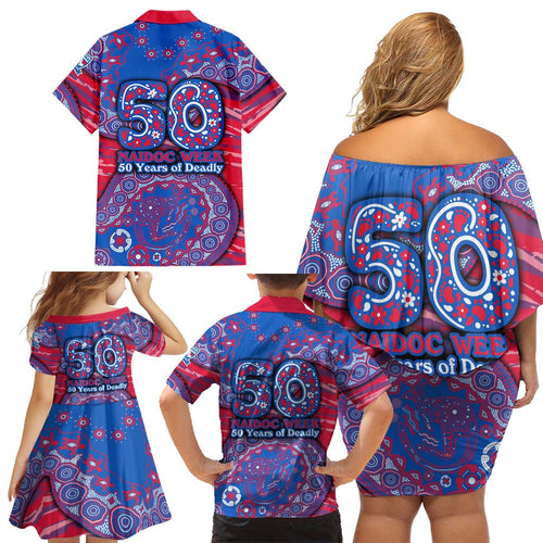 Western Bulldogs NAIDOC Week 2026 Family Matching Off Shoulder Short Dress and Hawaiian Shirt Australian Aboriginal Dot Art Dreamtime Pattern Style