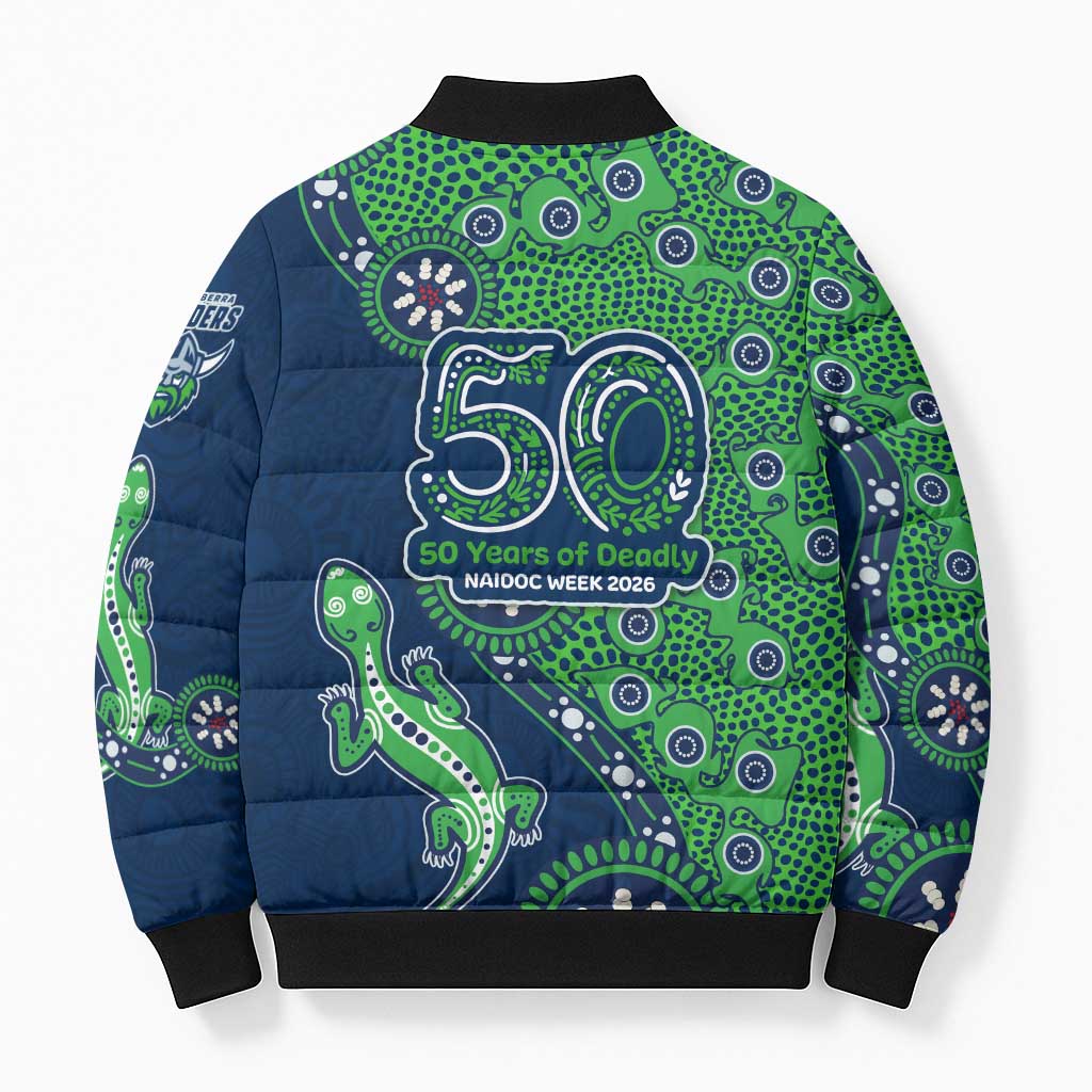 Canberra Raiders NAIDOC Week 2026 Bomber Puffer Jacket Aboriginal Lizard Dot Painting - 50 Years of Deadly