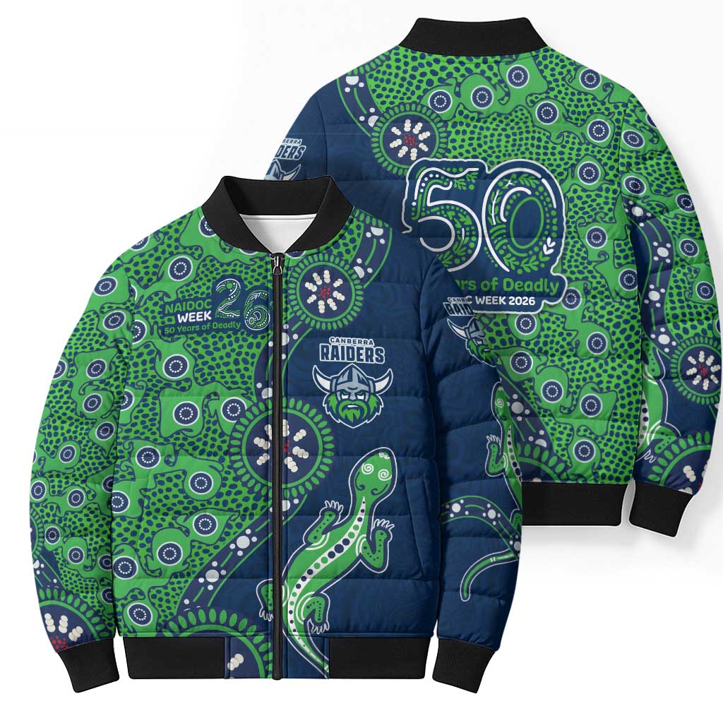 Canberra Raiders NAIDOC Week 2026 Bomber Puffer Jacket Aboriginal Lizard Dot Painting - 50 Years of Deadly