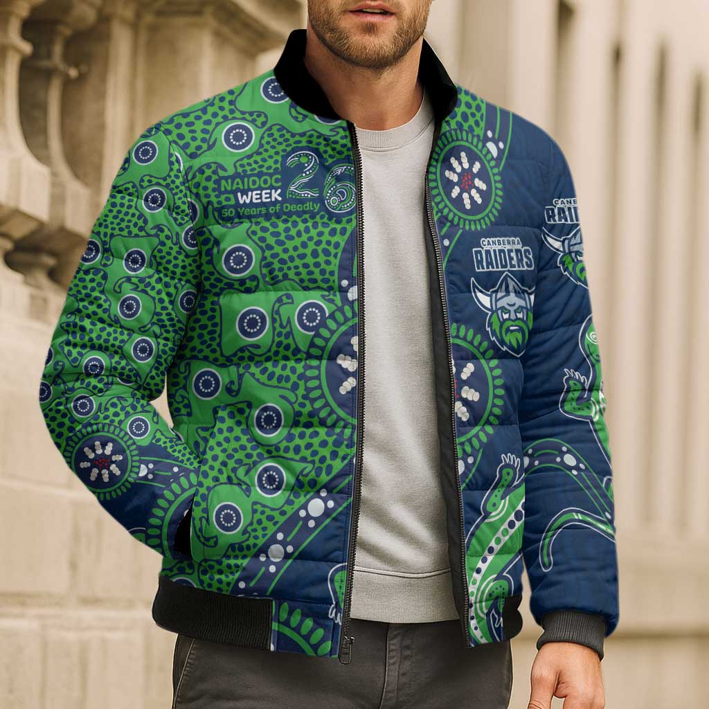 Canberra Raiders NAIDOC Week 2026 Bomber Puffer Jacket Aboriginal Lizard Dot Painting - 50 Years of Deadly