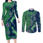 Canberra Raiders NAIDOC Week 2026 Couples Matching Long Sleeve Bodycon Dress and Long Sleeve Button Shirt Aboriginal Lizard Dot Painting - 50 Years of Deadly