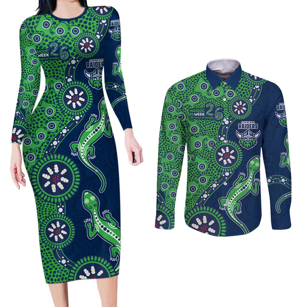 Canberra Raiders NAIDOC Week 2026 Couples Matching Long Sleeve Bodycon Dress and Long Sleeve Button Shirt Aboriginal Lizard Dot Painting - 50 Years of Deadly