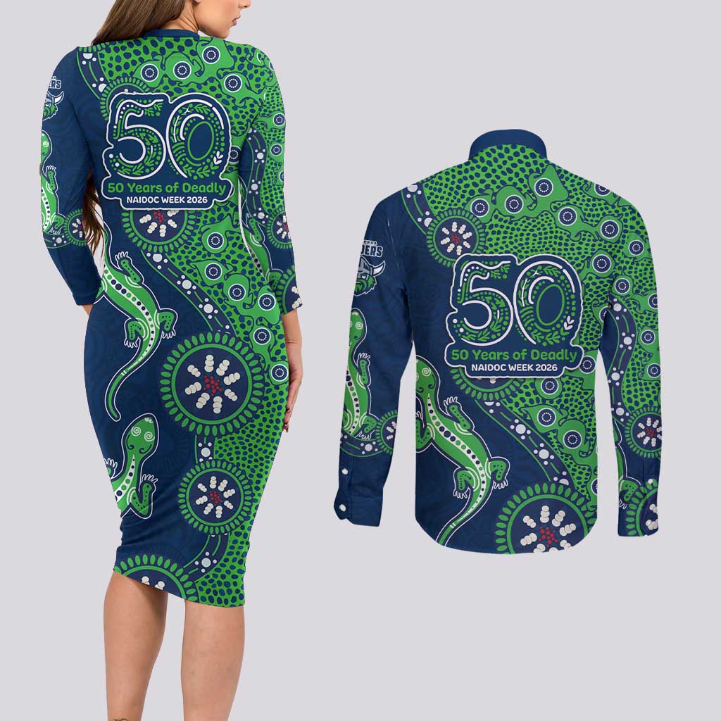 Canberra Raiders NAIDOC Week 2026 Couples Matching Long Sleeve Bodycon Dress and Long Sleeve Button Shirt Aboriginal Lizard Dot Painting - 50 Years of Deadly