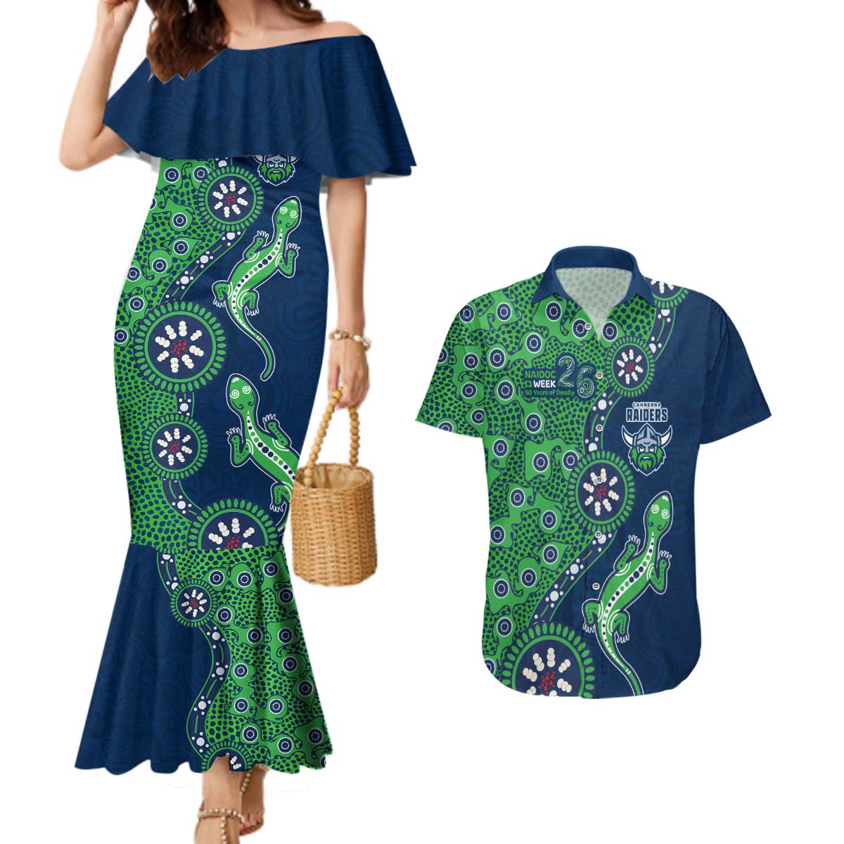Canberra Raiders NAIDOC Week 2026 Couples Matching Mermaid Dress and Hawaiian Shirt Aboriginal Lizard Dot Painting - 50 Years of Deadly