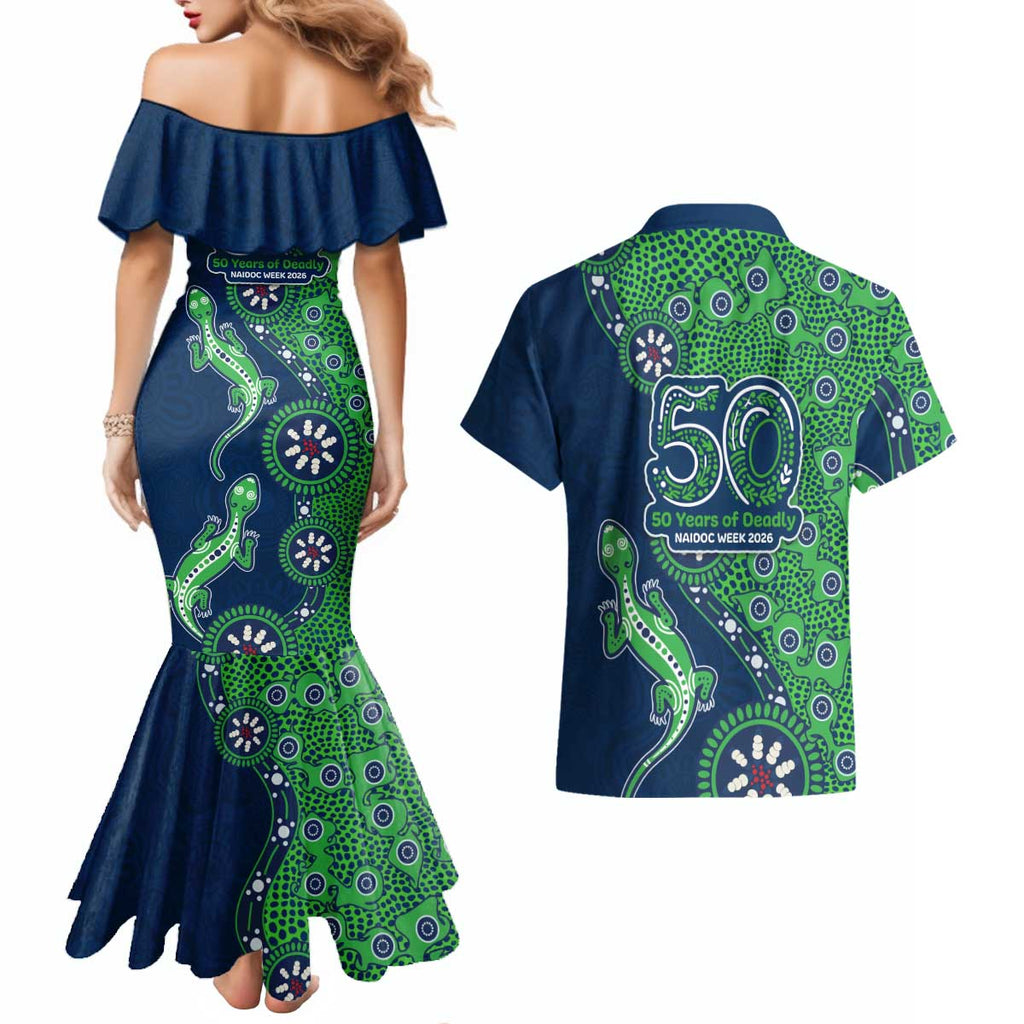 Canberra Raiders NAIDOC Week 2026 Couples Matching Mermaid Dress and Hawaiian Shirt Aboriginal Lizard Dot Painting - 50 Years of Deadly