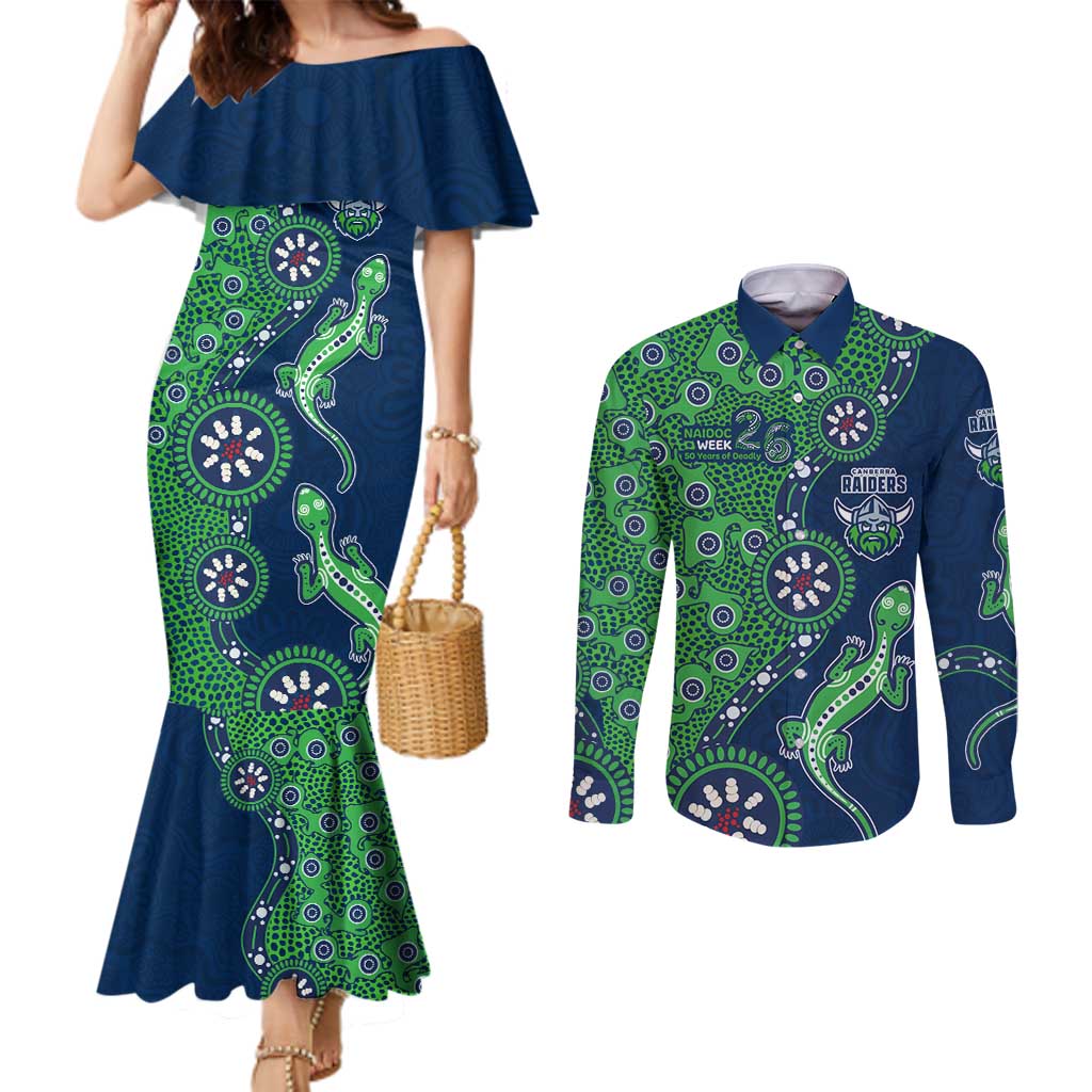 Canberra Raiders NAIDOC Week 2026 Couples Matching Mermaid Dress and Long Sleeve Button Shirt Aboriginal Lizard Dot Painting - 50 Years of Deadly