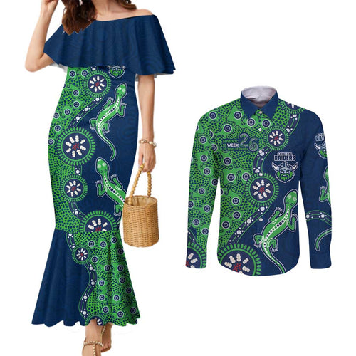 Canberra Raiders NAIDOC Week 2026 Couples Matching Mermaid Dress and Long Sleeve Button Shirt Aboriginal Lizard Dot Painting - 50 Years of Deadly