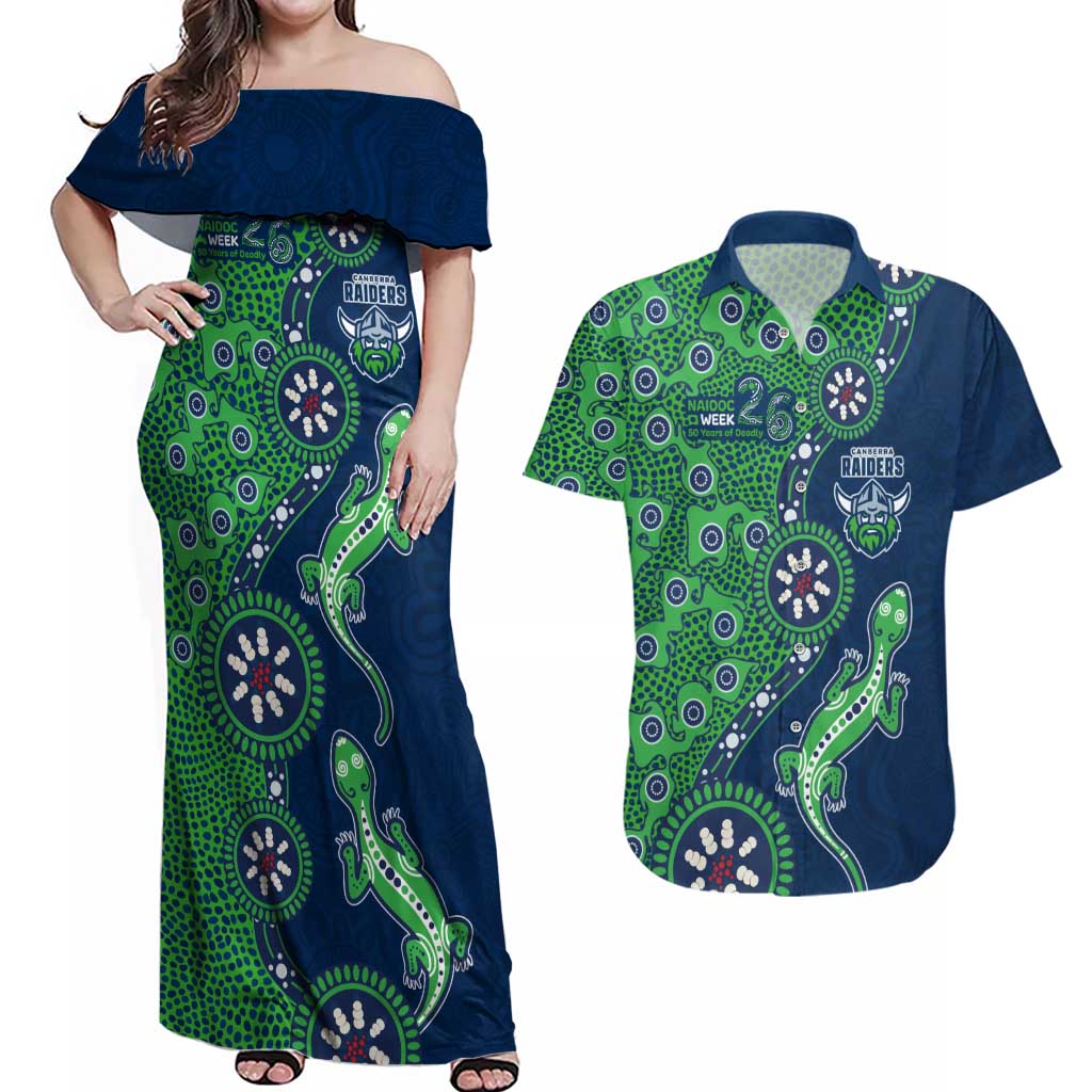 Canberra Raiders NAIDOC Week 2026 Couples Matching Off Shoulder Maxi Dress and Hawaiian Shirt Aboriginal Lizard Dot Painting - 50 Years of Deadly