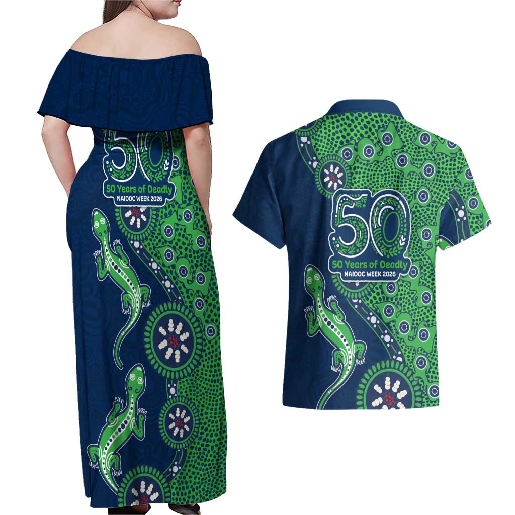 Canberra Raiders NAIDOC Week 2026 Couples Matching Off Shoulder Maxi Dress and Hawaiian Shirt Aboriginal Lizard Dot Painting - 50 Years of Deadly