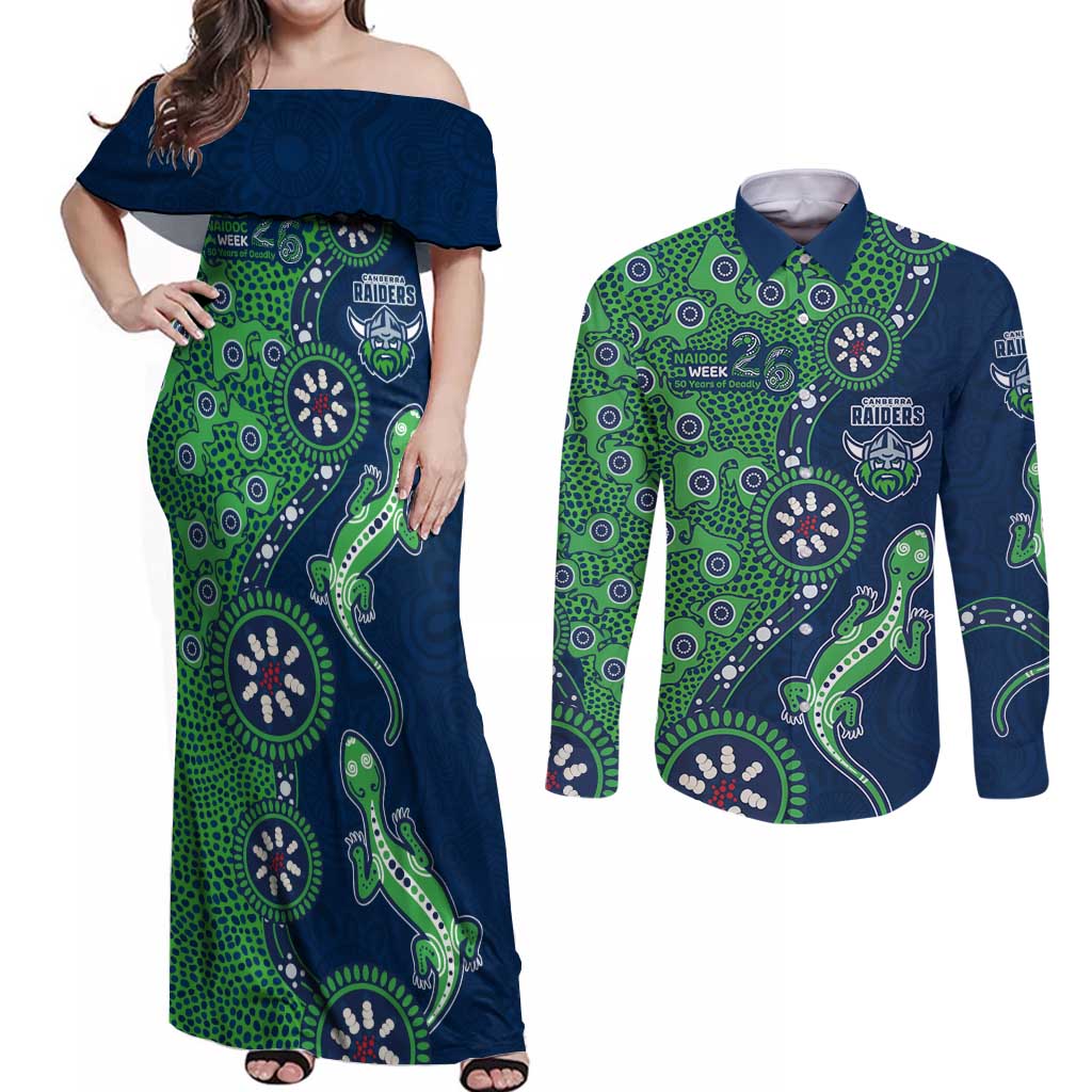 Canberra Raiders NAIDOC Week 2026 Couples Matching Off Shoulder Maxi Dress and Long Sleeve Button Shirt Aboriginal Lizard Dot Painting - 50 Years of Deadly