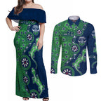 Canberra Raiders NAIDOC Week 2026 Couples Matching Off Shoulder Maxi Dress and Long Sleeve Button Shirt Aboriginal Lizard Dot Painting - 50 Years of Deadly