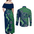Canberra Raiders NAIDOC Week 2026 Couples Matching Off Shoulder Maxi Dress and Long Sleeve Button Shirt Aboriginal Lizard Dot Painting - 50 Years of Deadly